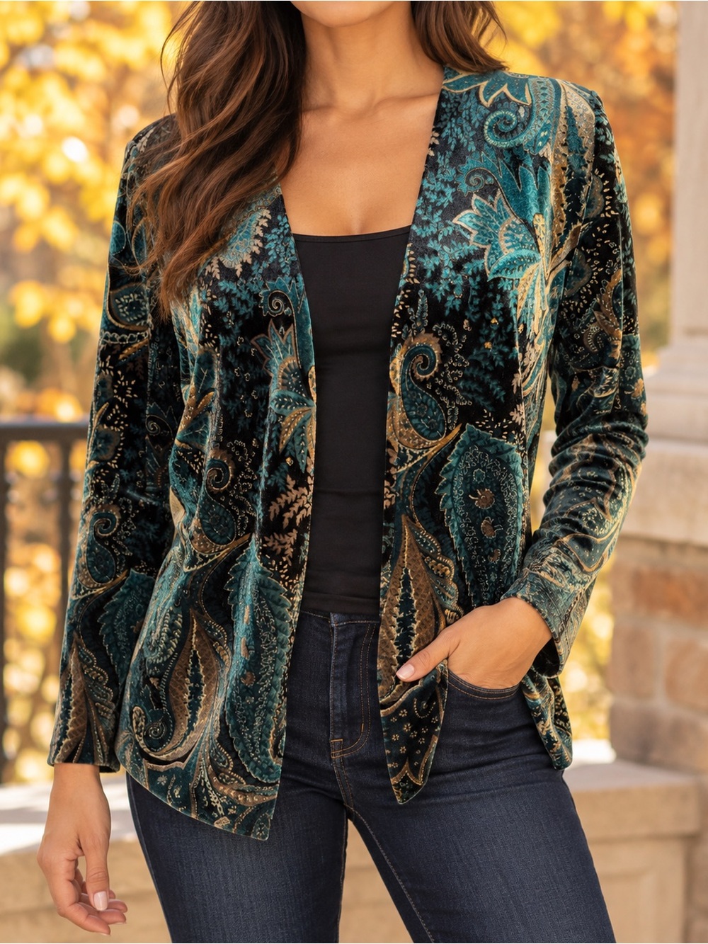 Xscape Teal and Black Paisley Velvet V-Neck Blazer Jacket